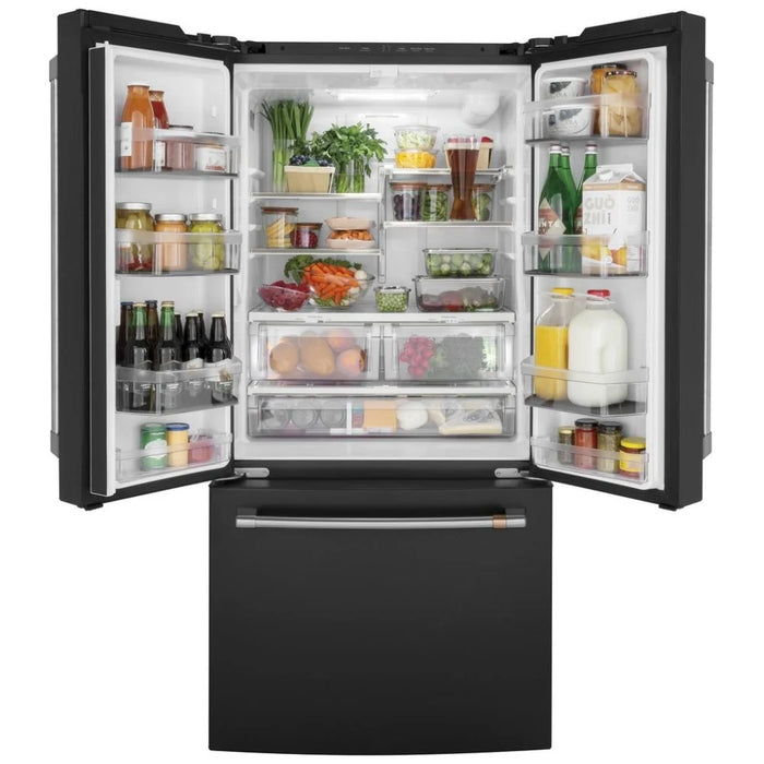 Cafe CWE19SP3ND1 French Door Refrigerator, 33 inch Width, ENERGY STAR Certified, 18.6 cu. ft. Capacity, Counter Depth, Water Dispenser (Interior), Ice Dispenser (Freezer Located), Matte Black colour Quick Space Shelves