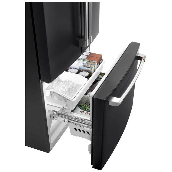 Cafe CWE19SP3ND1 French Door Refrigerator, 33 inch Width, ENERGY STAR Certified, 18.6 cu. ft. Capacity, Counter Depth, Water Dispenser (Interior), Ice Dispenser (Freezer Located), Matte Black colour Quick Space Shelves