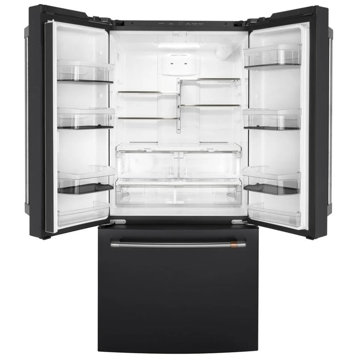 Cafe CWE19SP3ND1 French Door Refrigerator, 33 inch Width, ENERGY STAR Certified, 18.6 cu. ft. Capacity, Counter Depth, Water Dispenser (Interior), Ice Dispenser (Freezer Located), Matte Black colour Quick Space Shelves