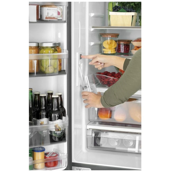 Cafe CWE19SP3ND1 French Door Refrigerator, 33 inch Width, ENERGY STAR Certified, 18.6 cu. ft. Capacity, Counter Depth, Water Dispenser (Interior), Ice Dispenser (Freezer Located), Matte Black colour Quick Space Shelves