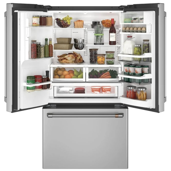 Cafe CYE22TP2MS1 French Door Refrigerator, 36 inch Width, ENERGY STAR Certified, 22.2 cu. ft. Capacity, Counter Depth, Water Dispenser (Exterior), Ice Dispenser (Thru Door), Stainless Steel colour ,Hot Water Dispenser,PreciseFill Setting