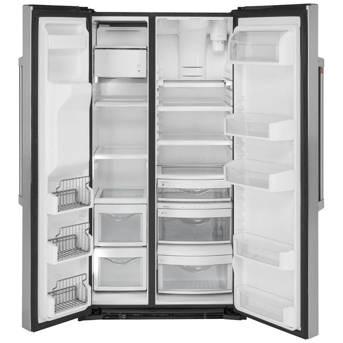 Cafe CZS22MP2NS1 Side by Side Refrigerator, 36 inch Width, Counter Depth, Ice Dispenser (Thru Door), Water Dispenser (Exterior), 21.9 cu. ft. Capacity, Stainless Steel colour FrostGuard, Quick Space Shelves