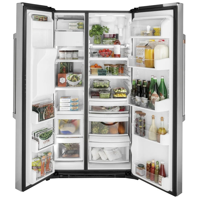 Cafe CZS22MP2NS1 Side by Side Refrigerator, 36 inch Width, Counter Depth, Ice Dispenser (Thru Door), Water Dispenser (Exterior), 21.9 cu. ft. Capacity, Stainless Steel colour FrostGuard, Quick Space Shelves