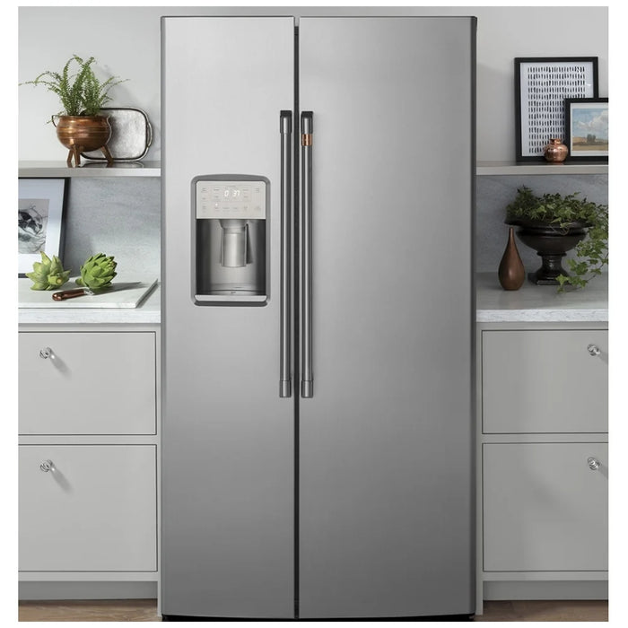 Cafe CZS22MP2NS1 Side by Side Refrigerator, 36 inch Width, Counter Depth, Ice Dispenser (Thru Door), Water Dispenser (Exterior), 21.9 cu. ft. Capacity, Stainless Steel colour FrostGuard, Quick Space Shelves