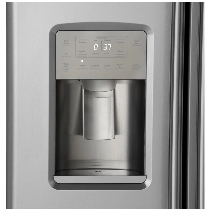 Cafe CZS22MP2NS1 Side by Side Refrigerator, 36 inch Width, Counter Depth, Ice Dispenser (Thru Door), Water Dispenser (Exterior), 21.9 cu. ft. Capacity, Stainless Steel colour FrostGuard, Quick Space Shelves