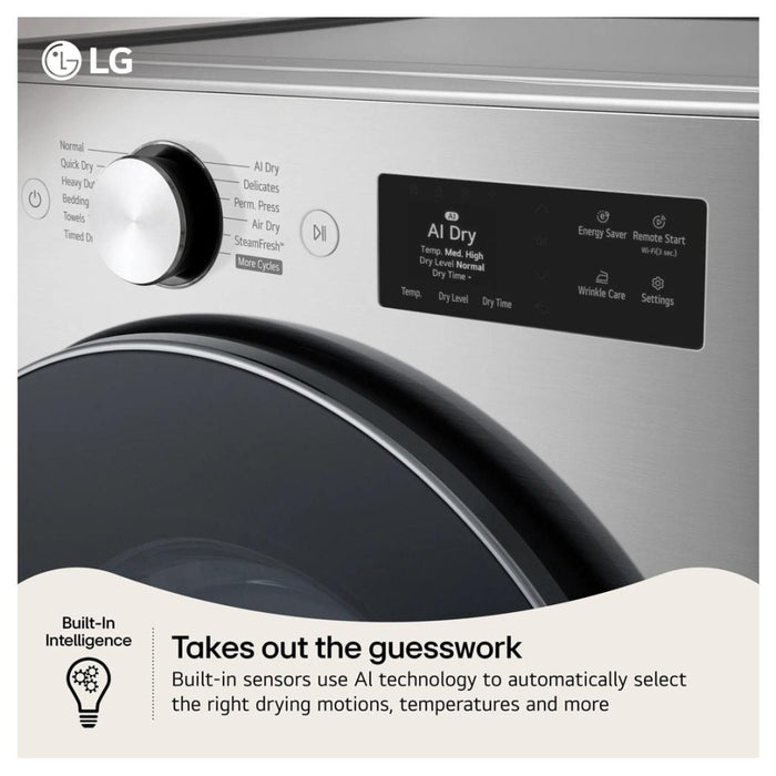 LG DLEX5800V Electric Dryer, 7.4 cu. ft. Dryer Capacity, 26 Dry Cycles, Steam Clean, 5 Temperature Settings, Vented, Stackable, Wifi Enabled, Graphite Steel colour