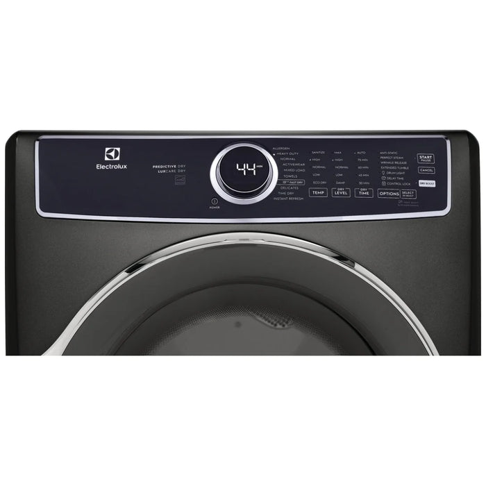 Electrolux Electric Dryer ELFE753CAT: Front view of a modern, stainless steel electric dryer with digital display.