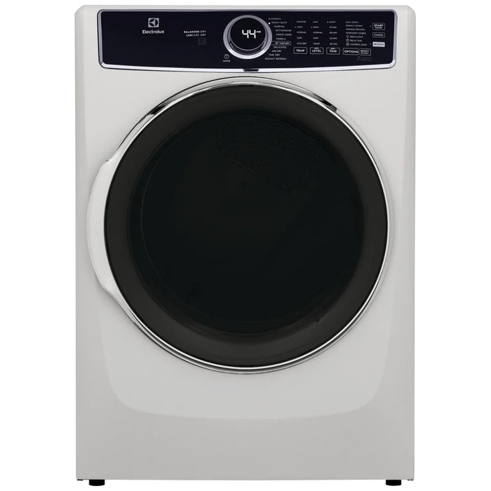 Electrolux Electric Dryer ELFE763CAW - Front view of white electric dryer machine with digital display and control panel.