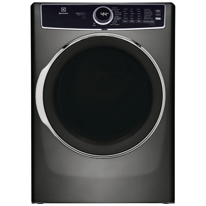 Electrolux Gas Dryer ELFG7637AT: Front view of stainless steel gas dryer with digital display.