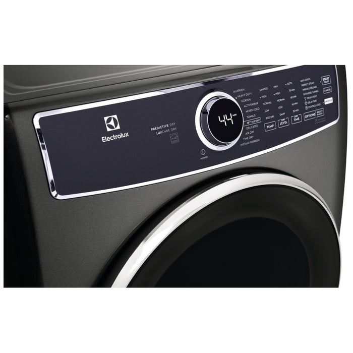 Electrolux Gas Dryer ELFG7637AT: Front view of stainless steel gas dryer with digital controls.