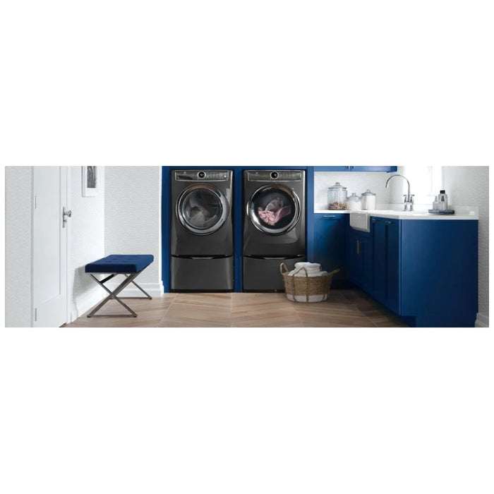 Electrolux EPWD257UTT laundry pedestal in stainless steel finish.