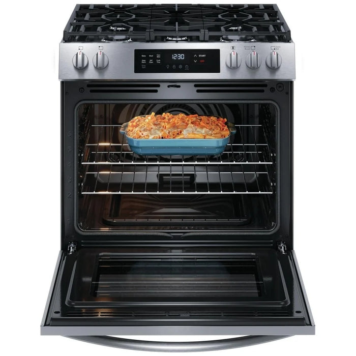 Frigidaire FCFG3083AS Gas Range, 30 inch Exterior Width, Self Clean, Convection, 5 Burners, 5.1 cu. ft. Capacity, Storage Drawer, 1 Ovens, Stainless Steel colour
