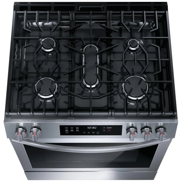 Frigidaire FCFG3083AS Gas Range, 30 inch Exterior Width, Self Clean, Convection, 5 Burners, 5.1 cu. ft. Capacity, Storage Drawer, 1 Ovens, Stainless Steel colour
