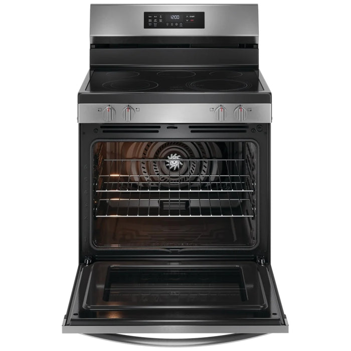 Frigidaire FCRE308CAS Electric Range, 30 inch Exterior Width, Self Clean, Convection, 5 Burners, 5.3 cu. ft. Capacity, Storage Drawer, Air Fry,