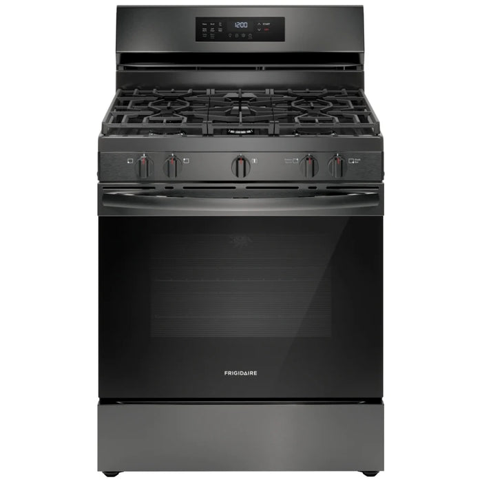 Frigidaire FCRG3083AD Gas Range, 30 inch Exterior Width, Self Clean, Convection, 5 Burners, 5.1 cu. ft. Capacity, Storage Drawer, Air Fry, 1 Ovens, Black Stainless Steel colour
