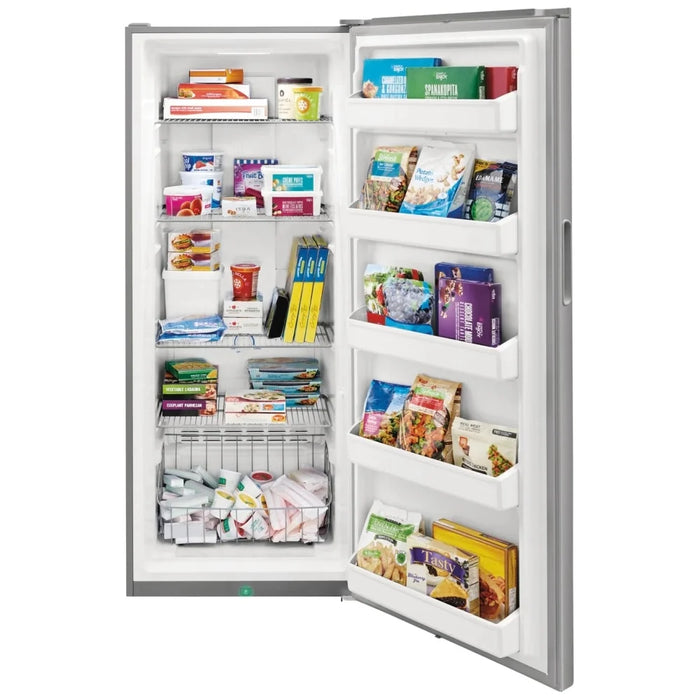 Frigidaire FFFU16F2VV Upright Freezer, 16 cu. ft. Capacity, Automatic, Reversible Door, Interior Light (Freezer), Stainless Steel colour Garage Ready, Frost Free