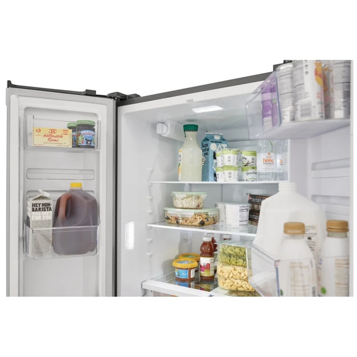 Frigidaire French door refrigerator in brushed steel finish, ENERGY STAR certified, with 17.6 cu. ft. capacity and counter depth design.