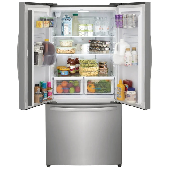 Frigidaire French Door Refrigerator in Brushed Steel, ENERGY STAR Certified, Counter Depth, 17.6 cu. ft. Capacity.