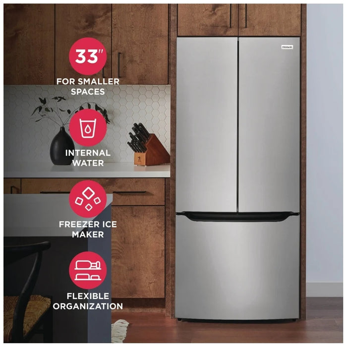 Frigidaire FRFG2033AV Counter Depth French Door Refrigerator, 33 inch Width, 19.6 cu. ft. Capacity, Counter Depth, Water Dispenser (Interior), Ice Dispenser (Freezer Located)
