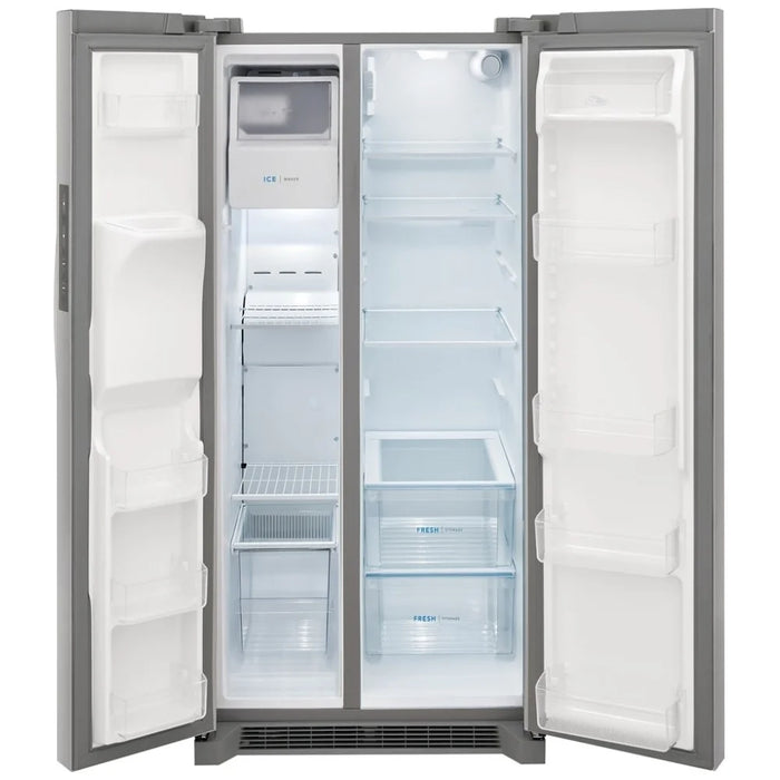 Frigidaire stainless steel side-by-side refrigerator with 22.2 cu. ft. capacity and 33-inch width.