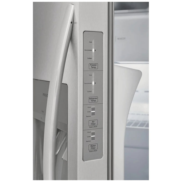 Frigidaire stainless steel side-by-side refrigerator with 22.2 cu. ft. capacity and 33-inch width.