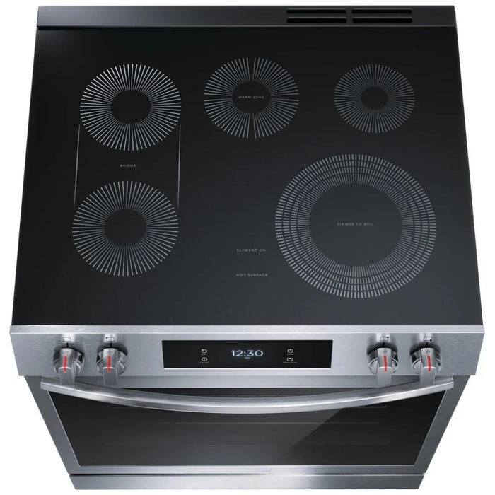 Frigidaire Gallery GCFE306CBF Electric Range with 5 burners, self-cleaning feature, convection oven, air fry, and stainless steel finish.