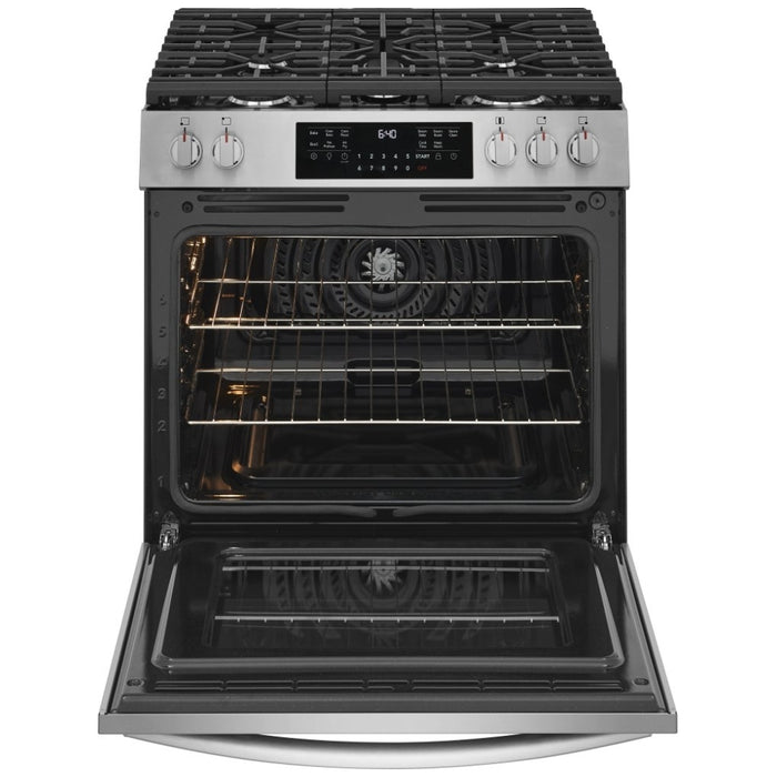 Frigidaire Gallery GCFG3059BF Gas Range, 6 cu. ft. Capacity, 30 inch Exterior Width, Steam Clean, Convection, 5 Burners
