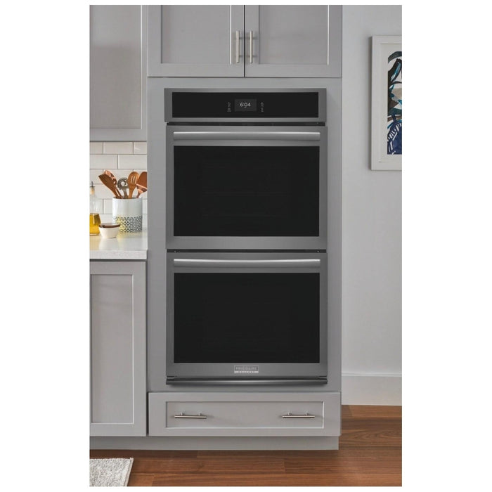 Frigidaire Gallery GCWD2767AD Double Wall Oven, 27 inch Exterior Width, Convection, Self Clean, 7.6 cu. ft. Capacity, Temperature Probe, Black Stainless Steel colour True European Convection, Air Fry, Steam Cooking, Telescopic Gliding Extension Rack
