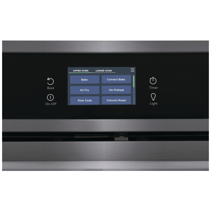 Frigidaire Gallery GCWD2767AD Double Wall Oven, 27 inch Exterior Width, Convection, Self Clean, 7.6 cu. ft. Capacity, Temperature Probe, Black Stainless Steel colour True European Convection, Air Fry, Steam Cooking, Telescopic Gliding Extension Rack
