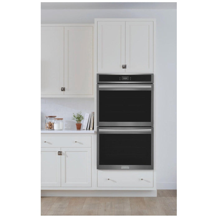 Frigidaire Gallery GCWD3067AD Double Wall Oven, 30 inch Exterior Width, Convection, Self Clean, 10.6 cu. ft. Capacity, Temperature Probe, Black Stainless Steel colour True European Convection, Air Fry, Steam Cooking, Telescopic Gliding Extension Rack
