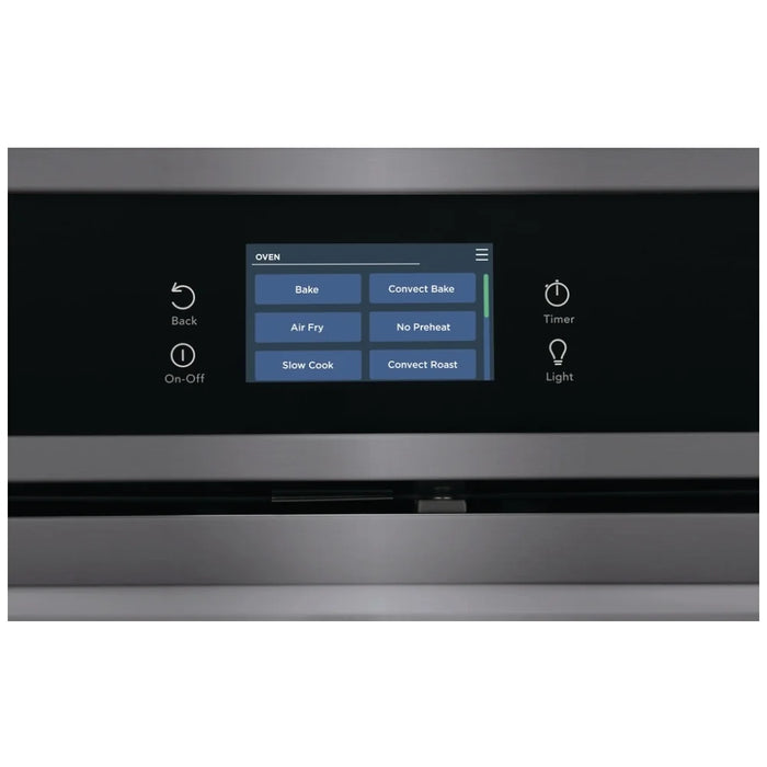 Frigidaire Gallery GCWS3067AD Single Wall Oven, 30 inch Exterior Width, Convection, Self Clean, 5.3 cu. ft. Capacity, Temperature Probe, Black Stainless Steel colour True European Convection, Air Fry, Steam Cooking, Telescopic Gliding Extension Rack
