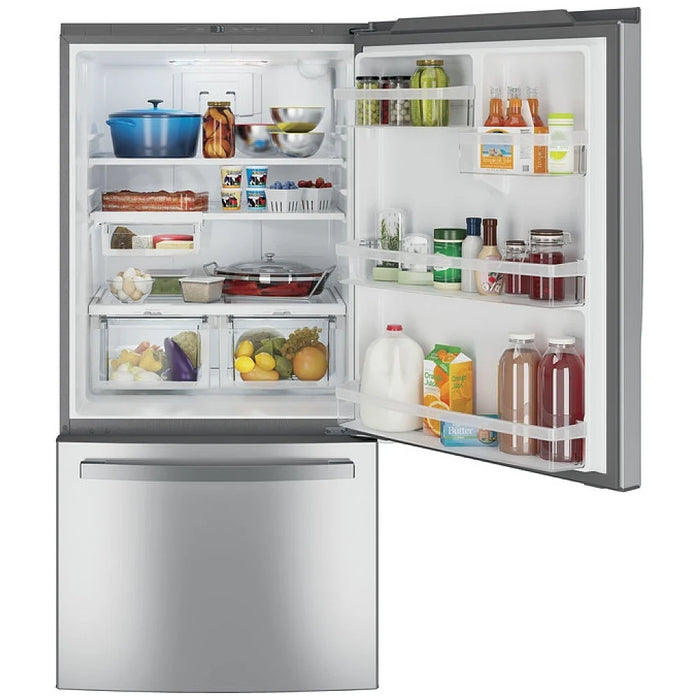 GE GDE25EYKFS Bottom Freezer Refrigerator, 33 inch Width, ENERGY STAR Certified, Ice Dispenser (Freezer Located), 24.8 cu. ft. Capacity, Fingerprint Resistant Stainless Steel colour Glass Shelves, APF technology