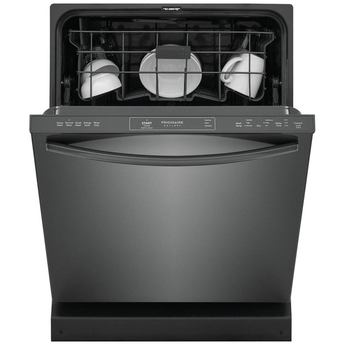 Frigidaire Gallery black stainless steel dishwasher, fully integrated with 5 wash cycles and hard food disposal, 24-inch width, 52 dB decibel level.