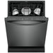 Frigidaire Gallery black stainless steel dishwasher, fully integrated with 5 wash cycles and hard food disposal, 24-inch width, 52 dB decibel level.