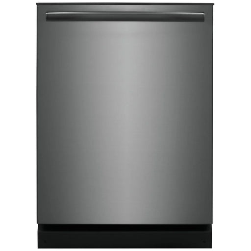 Frigidaire Gallery GDPH4515AD dishwasher in black stainless steel with 24-inch width, 52 dB noise level, fully integrated design, 5 wash cycles, and 14 place settings capacity.