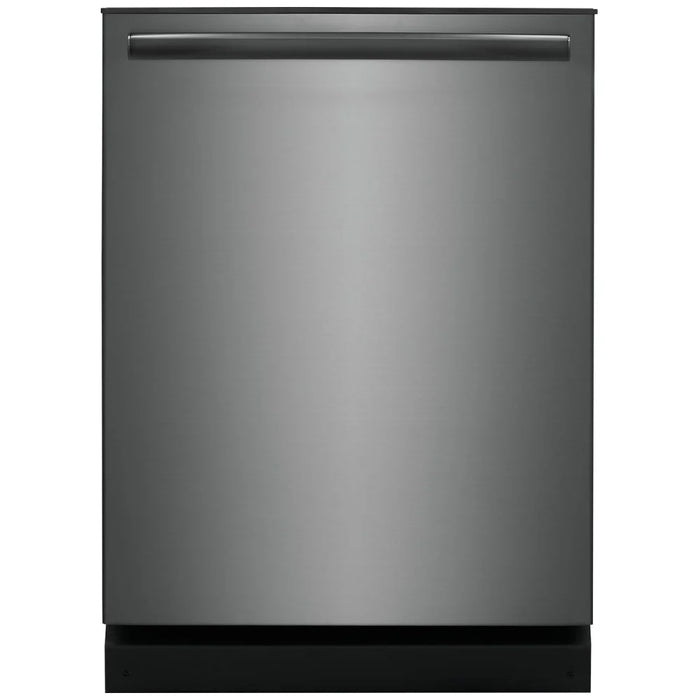 Frigidaire Gallery GDPH4515AD dishwasher in black stainless steel with 24-inch width, 52 dB noise level, fully integrated design, 5 wash cycles, and 14 place settings capacity.