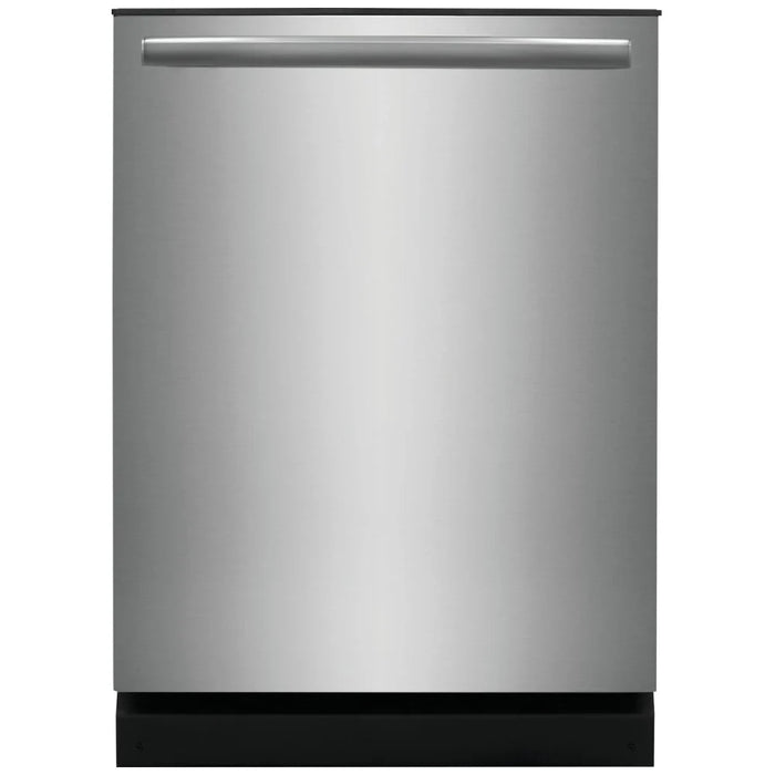 Frigidaire Gallery stainless steel dishwasher, 24 inches wide, fully integrated with 5 wash cycles and hard food disposal.