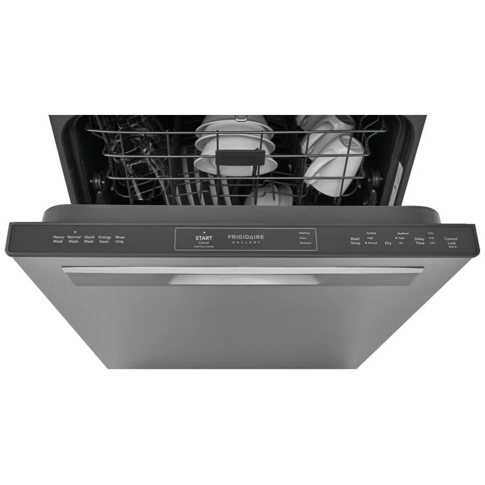 Frigidaire Gallery GDPP4515AF dishwasher featuring 24-inch width, 52 dB noise level, fully integrated design, 5 wash cycles, 14 place settings capacity, hard food disposal, and stainless steel construction.