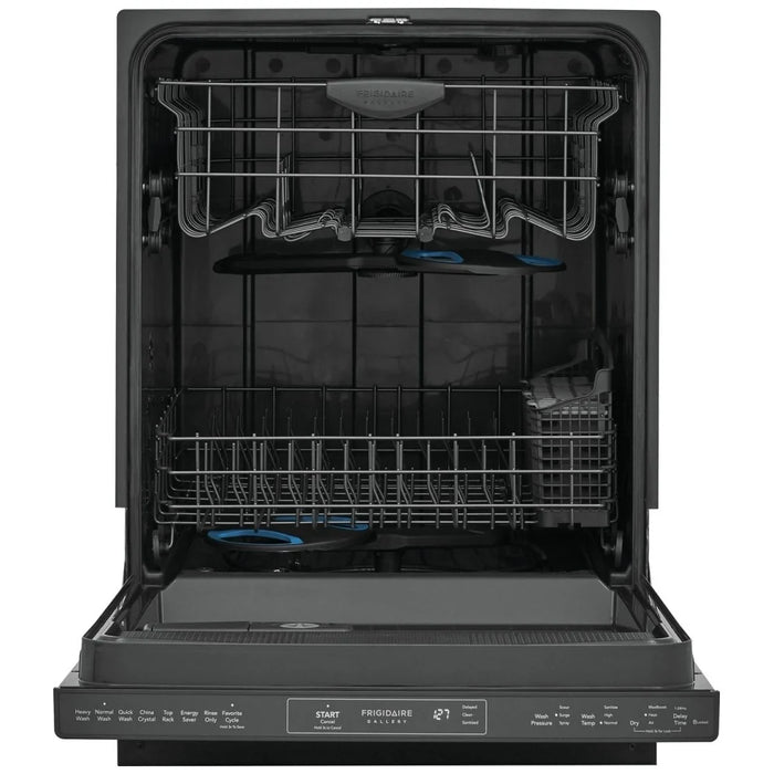 Frigidaire Gallery dishwasher in black stainless steel, fully integrated with 8 wash cycles and 14 place setting capacity.