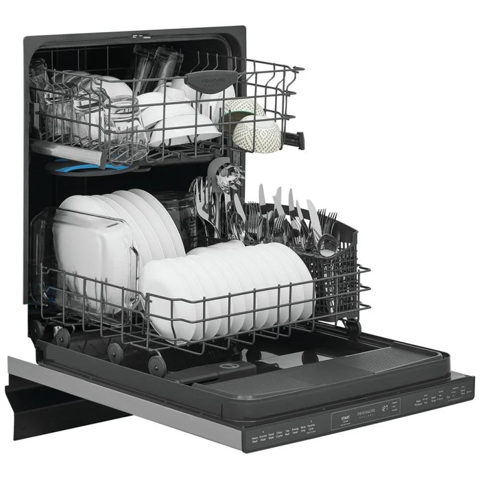 Frigidaire Gallery GDPP4517AD Dishwasher in Black Stainless Steel with 8 Wash Cycles and 14 Place Settings Capacity.