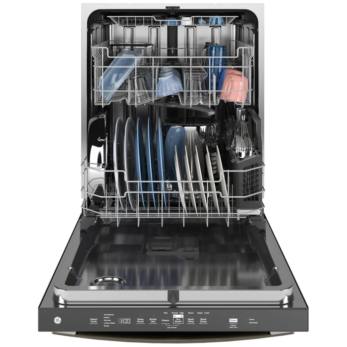 GE GDT670SMVES Dishwasher, 24 inch Exterior Width, 45 dB Decibel Level, Stainless Steel (Interior), 5 Wash Cycles, 16 Capacity (Place Settings), Hard Food Disposal, Wifi Enabled, Slate colour 4 Bottle Wash Jets; Hard Food Disposer