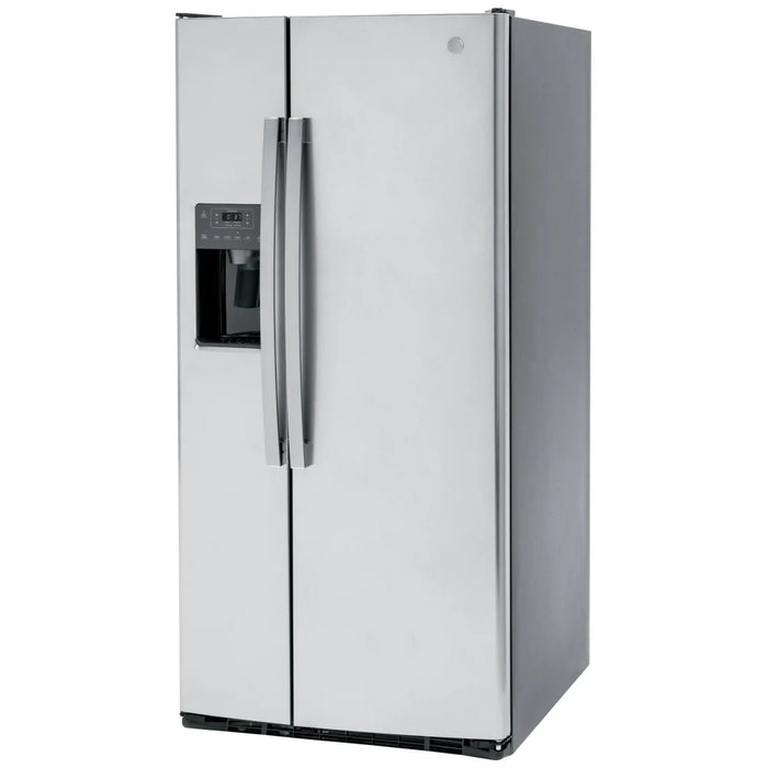 GE GSS23GYPFS Side by Side Refrigerator, 33 inch Width, Ice Dispenser (Thru Door), Water Dispenser (Exterior), 23.2 cu. ft. Capacity, STAINLESS STEEL colour Multi-Level Drawers, Edge-to-edge glass shelves