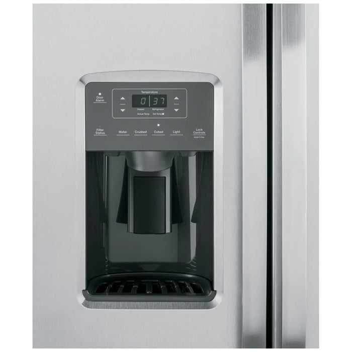 GE GSS23GYPFS Side by Side Refrigerator, 33 inch Width, Ice Dispenser (Thru Door), Water Dispenser (Exterior), 23.2 cu. ft. Capacity, STAINLESS STEEL colour Multi-Level Drawers, Edge-to-edge glass shelves