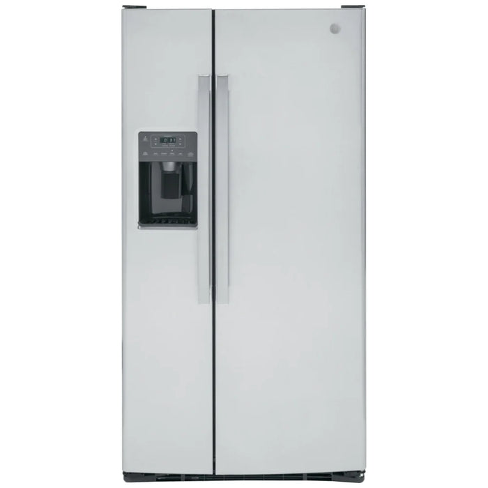 GE GSS23GYPFS Side by Side Refrigerator, 33 inch Width, Ice Dispenser (Thru Door), Water Dispenser (Exterior), 23.2 cu. ft. Capacity, STAINLESS STEEL colour Multi-Level Drawers, Edge-to-edge glass shelves