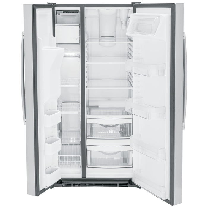 GE GSS23GYPFS Side by Side Refrigerator, 33 inch Width, Ice Dispenser (Thru Door), Water Dispenser (Exterior), 23.2 cu. ft. Capacity, STAINLESS STEEL colour Multi-Level Drawers, Edge-to-edge glass shelves