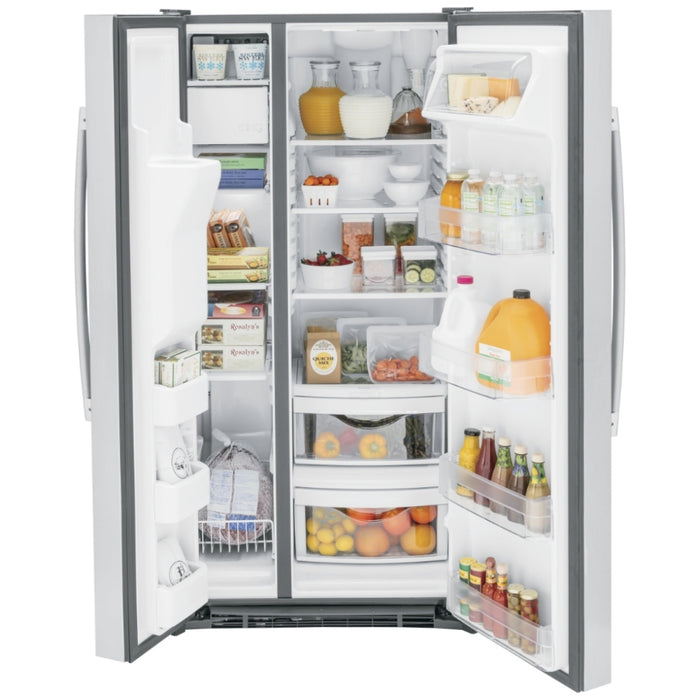GE GSS23GYPFS Side by Side Refrigerator, 33 inch Width, Ice Dispenser (Thru Door), Water Dispenser (Exterior), 23.2 cu. ft. Capacity, STAINLESS STEEL colour Multi-Level Drawers, Edge-to-edge glass shelves