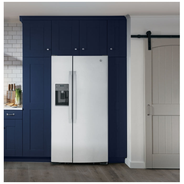 GE GSS23GYPFS Side by Side Refrigerator, 33 inch Width, Ice Dispenser (Thru Door), Water Dispenser (Exterior), 23.2 cu. ft. Capacity, STAINLESS STEEL colour Multi-Level Drawers, Edge-to-edge glass shelves