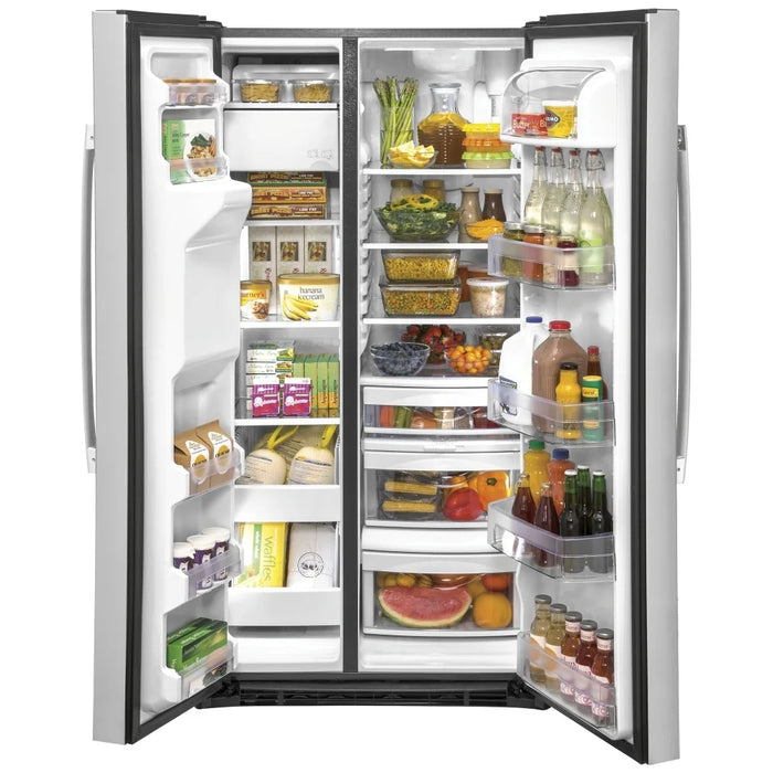 GE GSS25IYNFS Side by Side Refrigerator, 36 inch Width, Ice Dispenser (Thru Door), Water Dispenser (Exterior), 25.1 cu. ft. Capacity, Stainless Steel colour