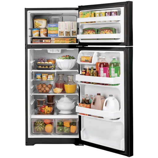 GE Refrigerator GTE17GTNRBB - Black, 17 cubic feet top-freezer refrigerator with adjustable shelves and energy-efficient design.