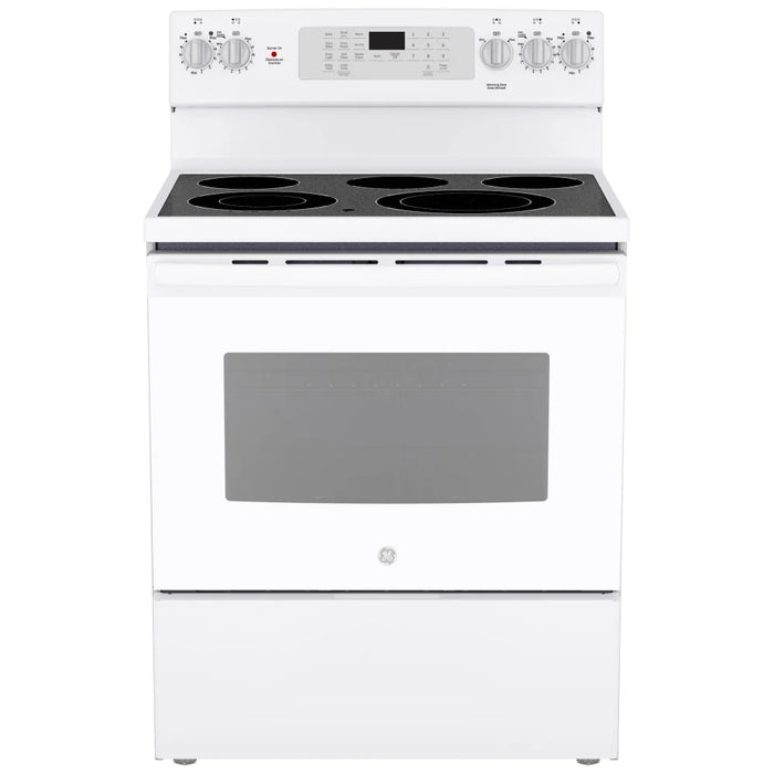 GE JCB840DVWW Electric Range, 5 cu. ft. Capacity, 30 inch Exterior Width, Convection, 5 Burners, Storage Drawer, Air Fry, Self Clean, 3,000 Watts Highest Burner Element, White colour True European Convection